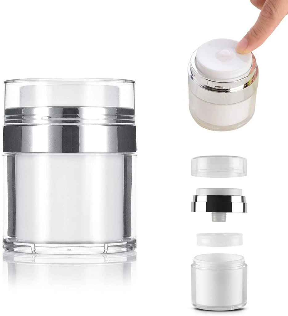 This photo shows three different photos of an airless pump to demonstrate skincare packaging.